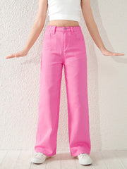 Tween Girl Loose Fit High Waist Pink Denim Jeans - Wide Leg, Zipper Fly, 100% Cotton