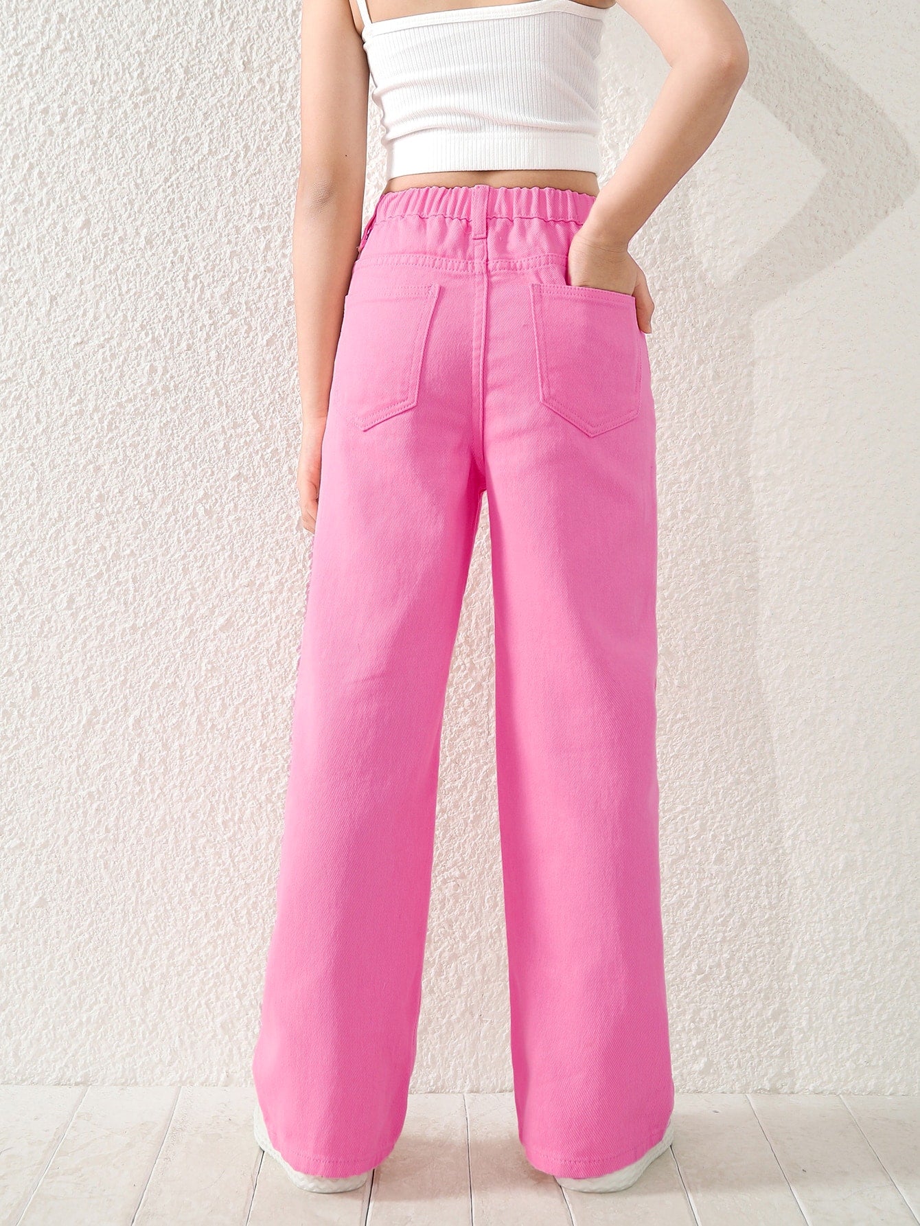 Tween Girl Loose Fit High Waist Pink Denim Jeans - Wide Leg, Zipper Fly, 100% Cotton