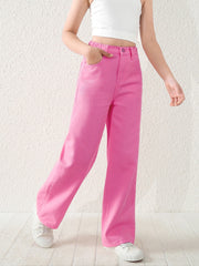 Tween Girl Loose Fit High Waist Pink Denim Jeans - Wide Leg, Zipper Fly, 100% Cotton