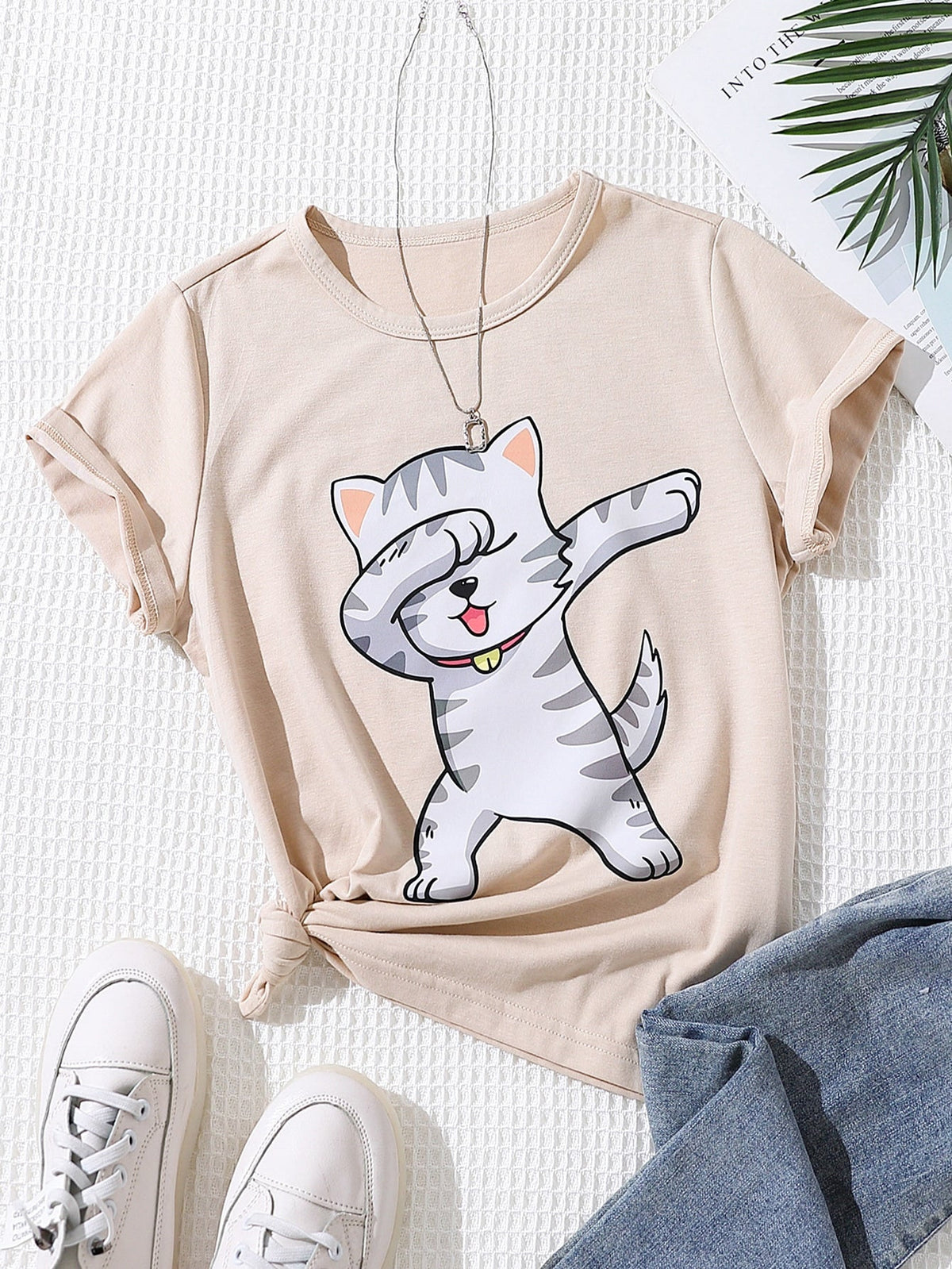 Girls' Cute Oversized Cat Slogan T-Shirt - Soft Cotton, Short Sleeve, Casual Style