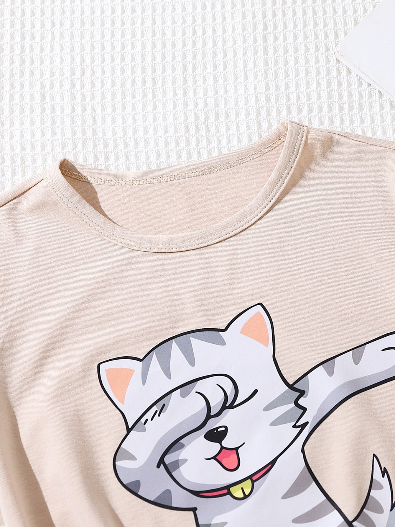 Girls' Cute Oversized Cat Slogan T-Shirt - Soft Cotton, Short Sleeve, Casual Style