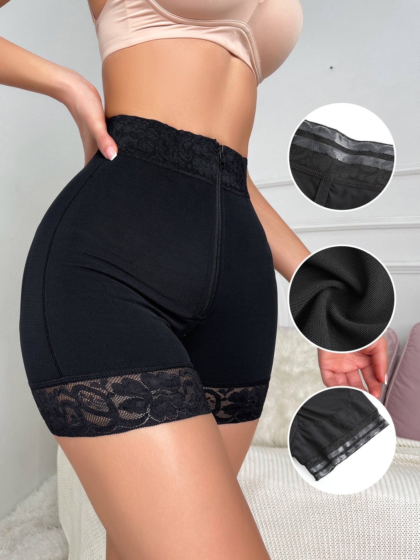 Elegant Contrast Lace Shapewear Shorts with Hook & Eye Closure