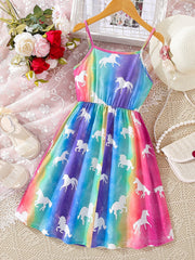 Girls' Rainbow Pony Sundress - Comfortable, Cute, Sleeveless, High Waist, Flared Hem