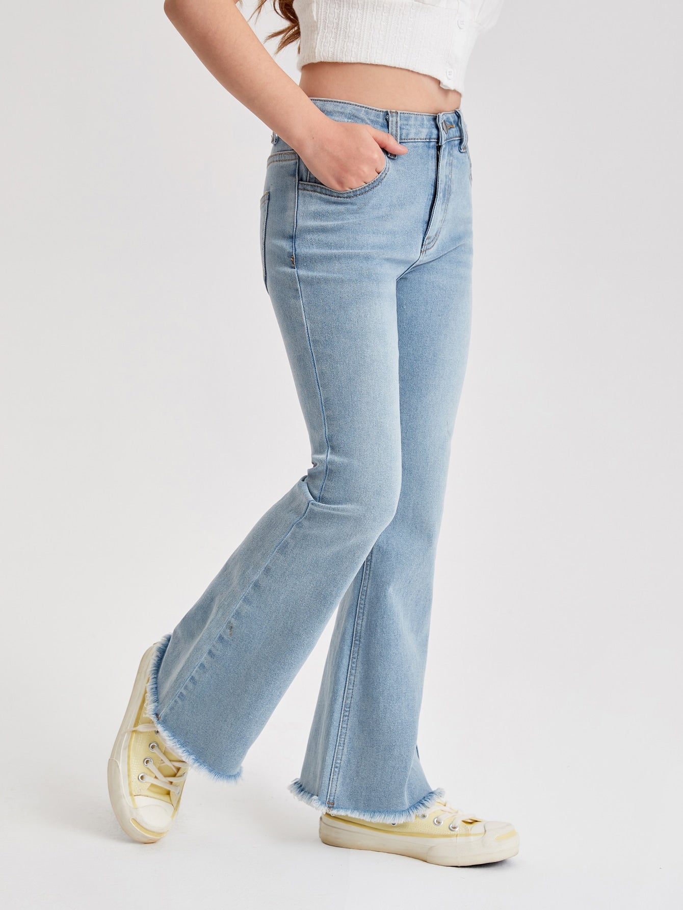 Tween Girl Flare Leg Jeans - Washed Denim, Zipper Fly, Natural Waist, Medium Stretch