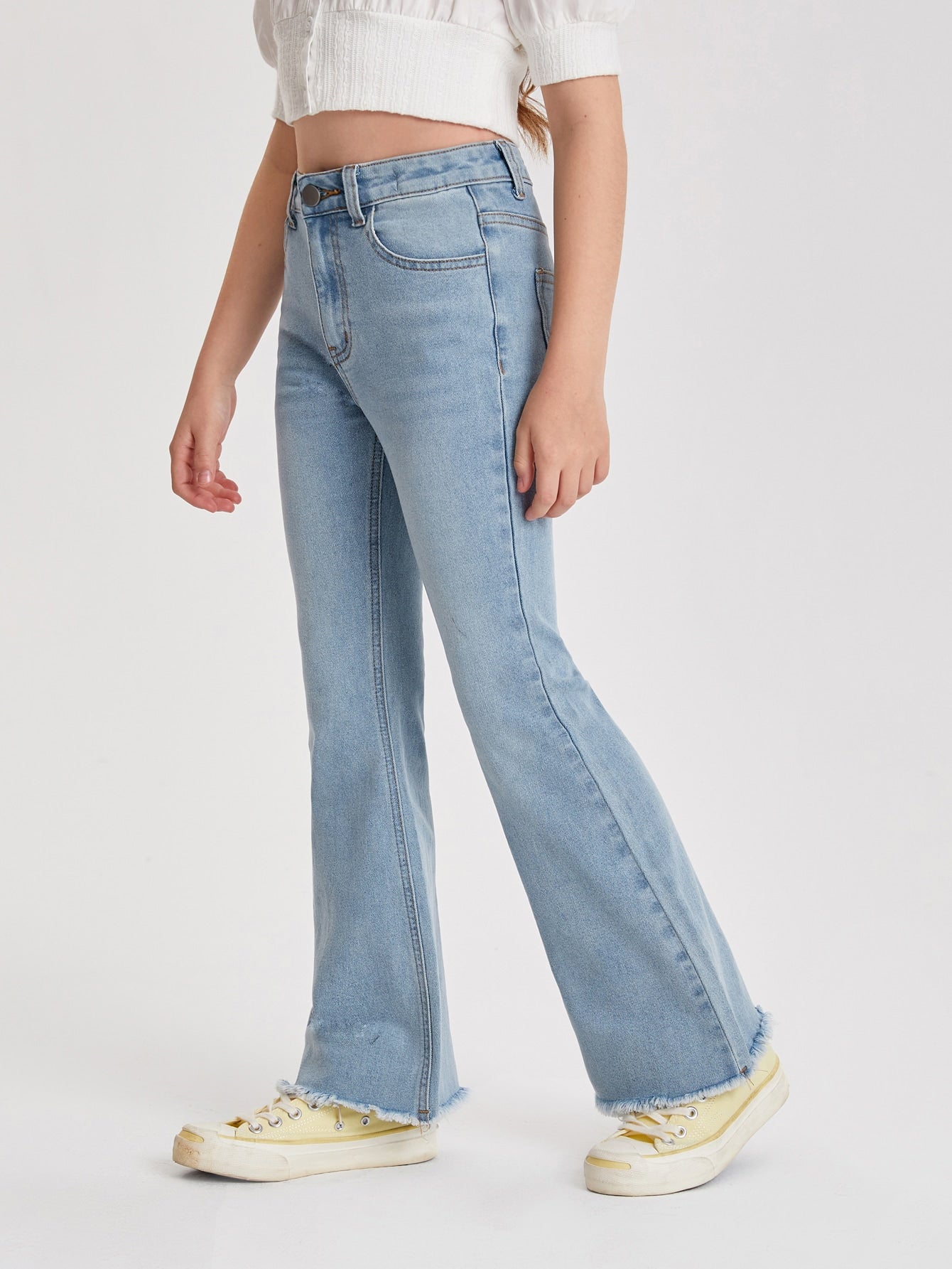 Tween Girl Flare Leg Jeans - Washed Denim, Zipper Fly, Natural Waist, Medium Stretch