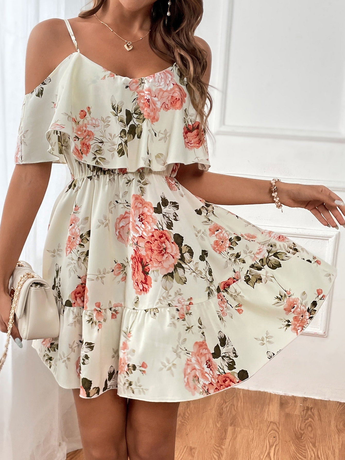 Romantic Flower And Plant Printed Off-The-Shoulder Ruffle Strap Vacation Summer Dress Dresses Graduation