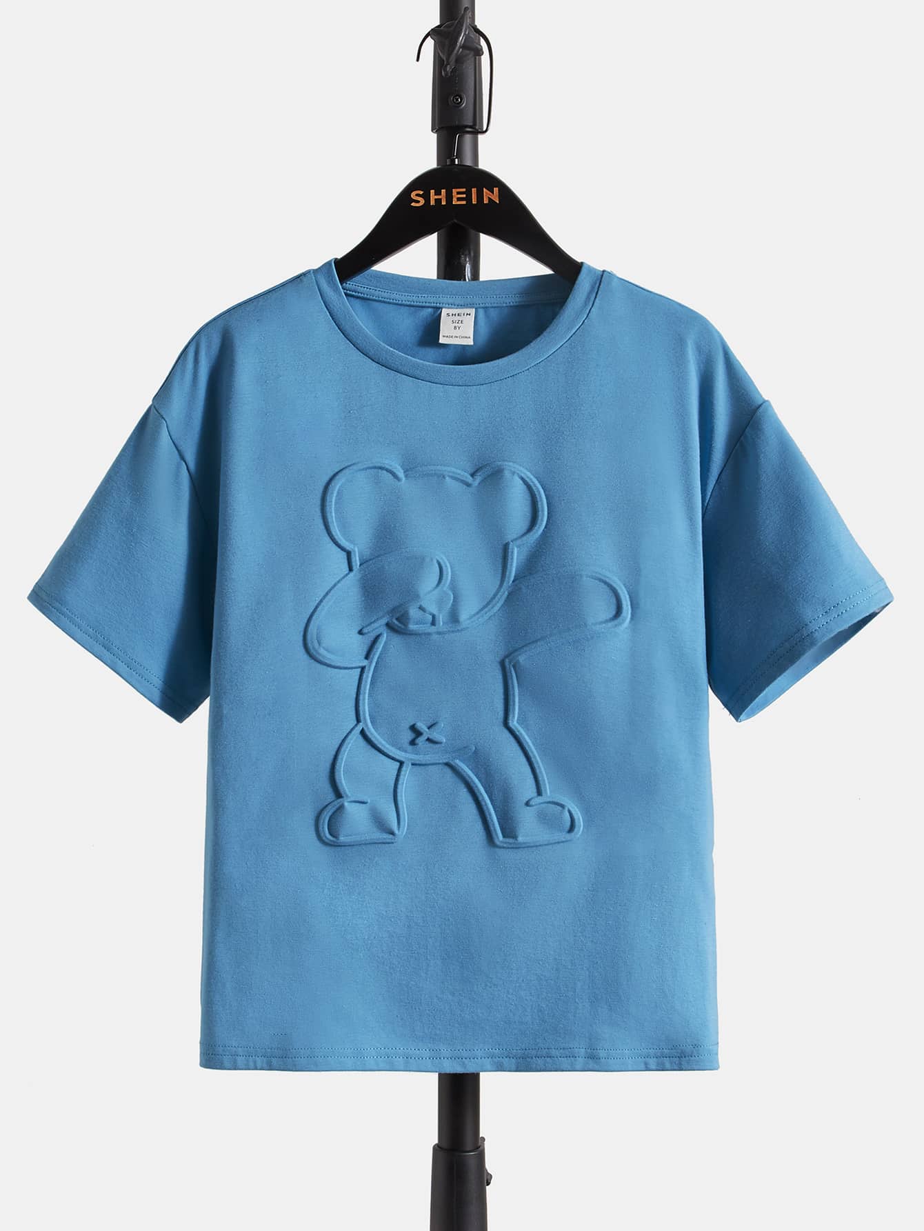 Tween Boys' Casual Bear Embossed T-Shirt, Drop Shoulder, Summer-Ready, Short Sleeve