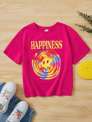 Tween Girl's Cute Cartoon Pattern Knitted Casual Short Sleeve T-Shirt, Round Neck