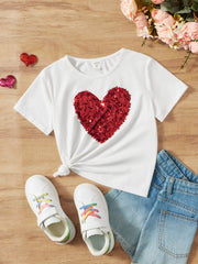 Harajuku Style Tween Girls' Love Heart Sequin T-Shirt - Short Sleeve, Round Neck