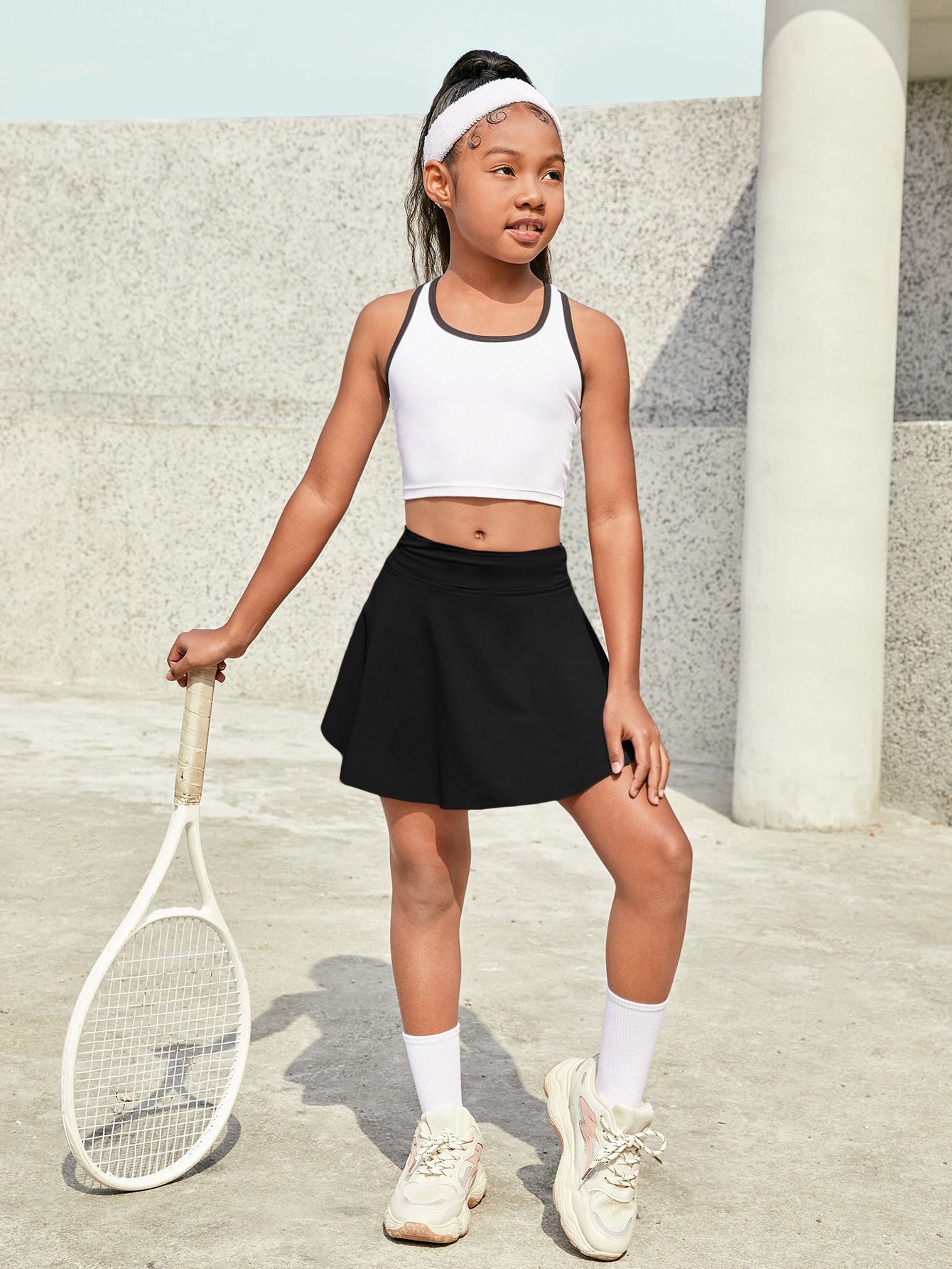 Tween Girl Solid Color Sports Skirt with Pocket - High Stretch, Long Length, Knitted Fabric