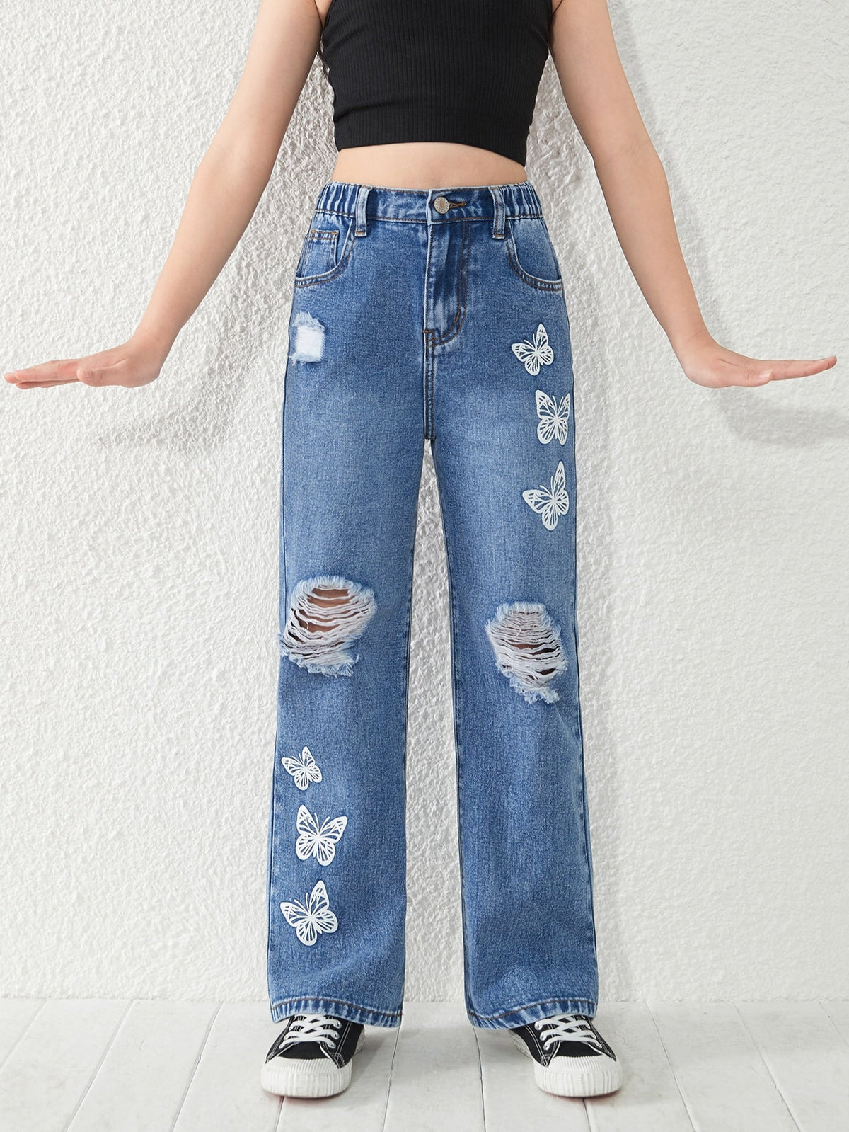 Girls Butterfly Print Ripped Straight Leg Jeans - Denim, Zipper Fly, Natural Waist, Pockets