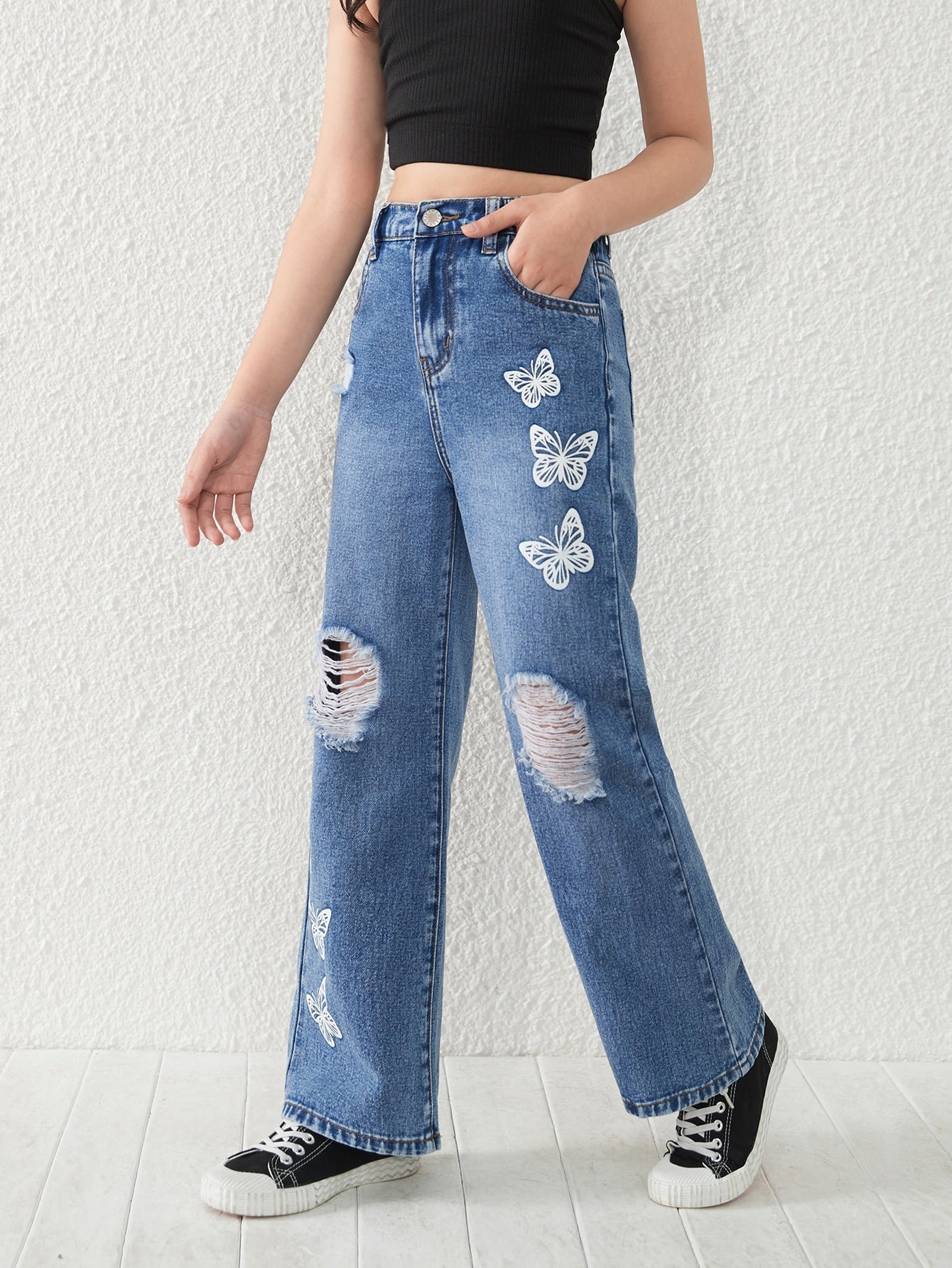 Girls Butterfly Print Ripped Straight Leg Jeans - Denim, Zipper Fly, Natural Waist, Pockets