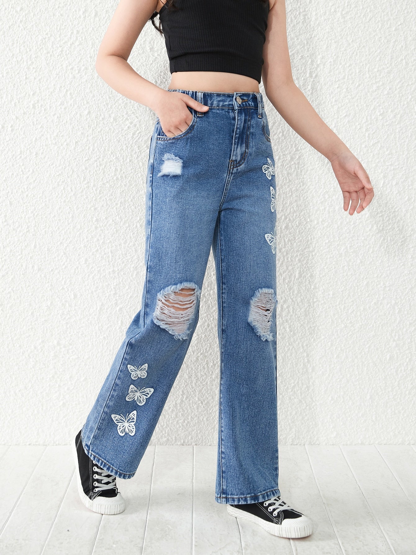 Girls Butterfly Print Ripped Straight Leg Jeans - Denim, Zipper Fly, Natural Waist, Pockets