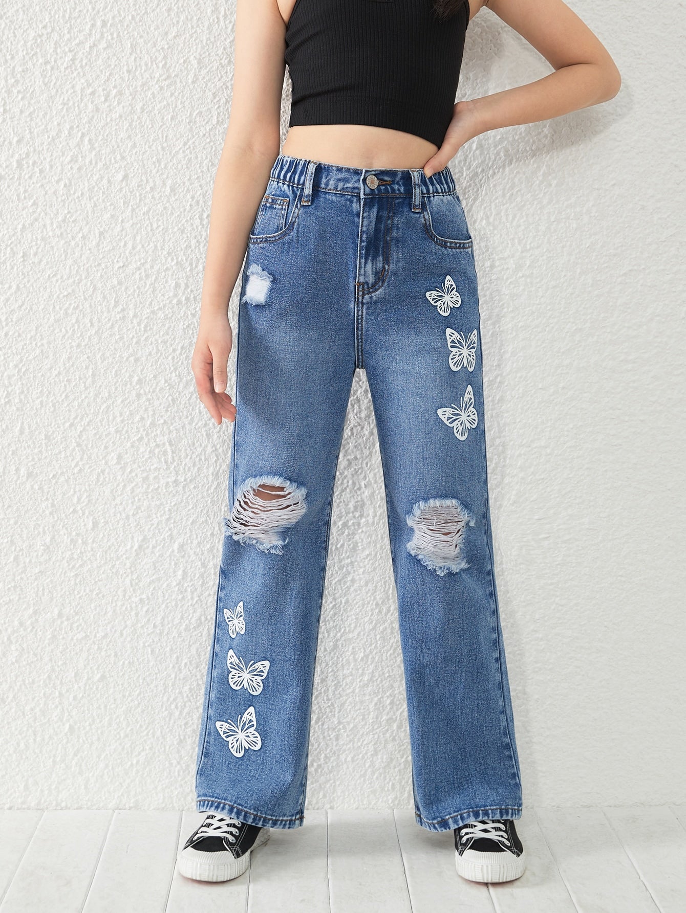 Girls Butterfly Print Ripped Straight Leg Jeans - Denim, Zipper Fly, Natural Waist, Pockets