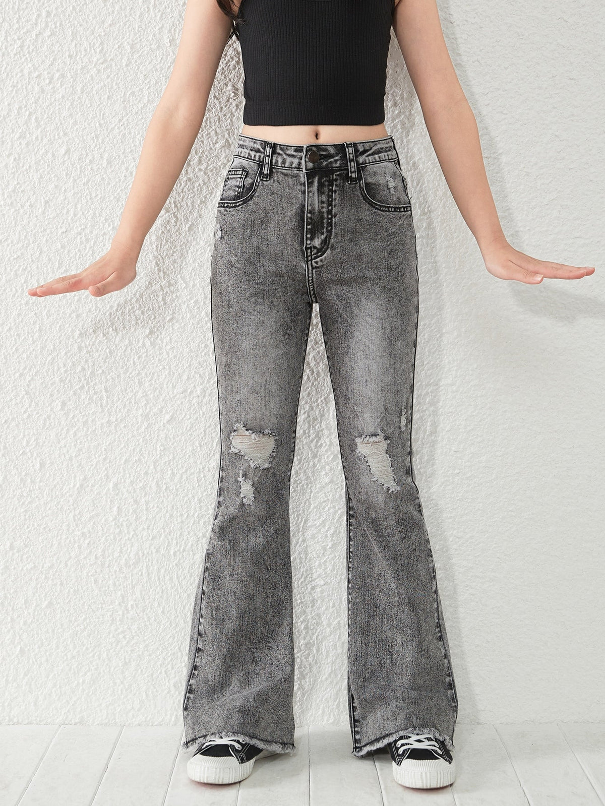 Tween Girl Ripped Flare Leg Jeans - High Stretch Denim, Zipper Fly, Natural Waist