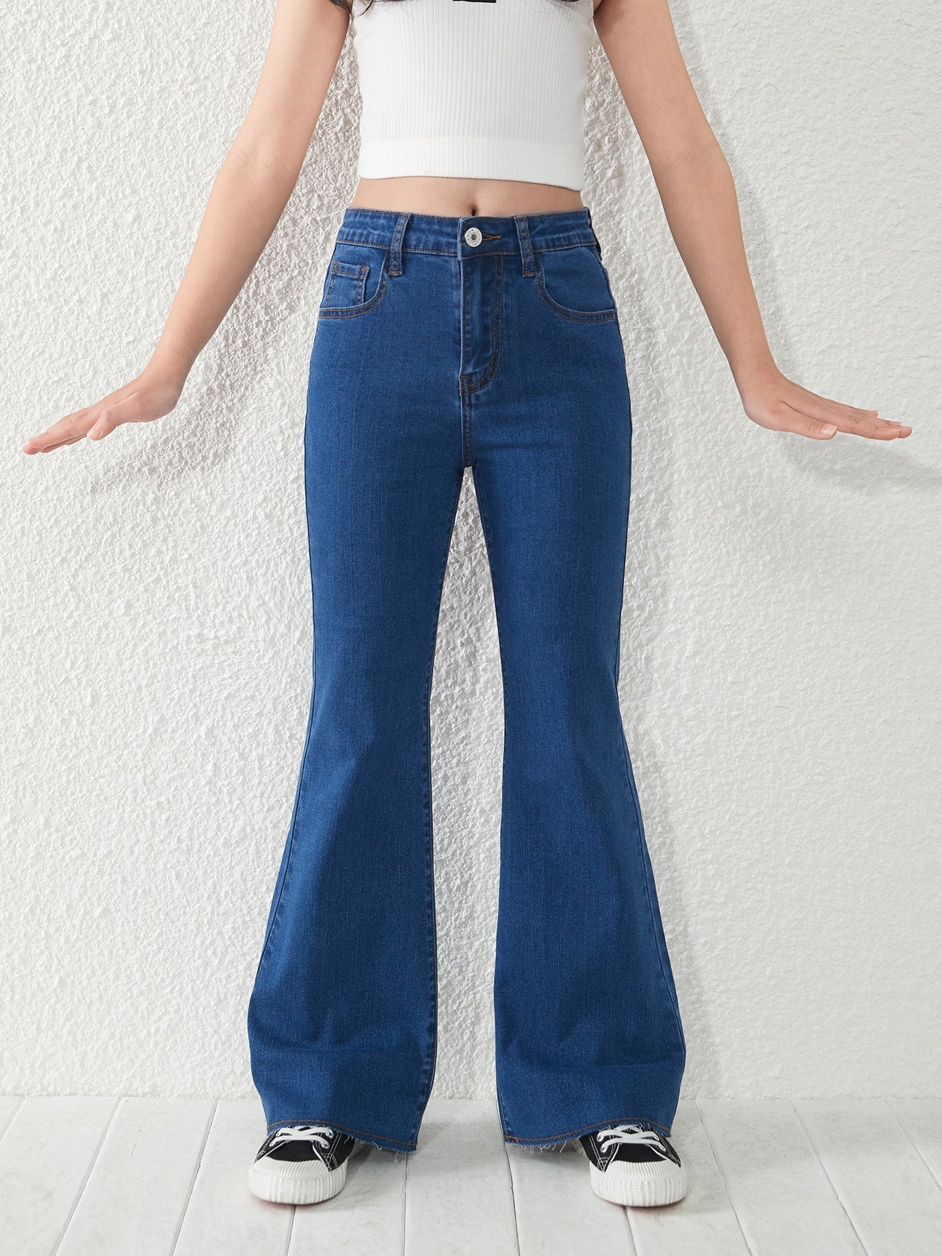 Tween Girl Flare Leg Jeans - Plain Pattern, Zipper Fly, Medium Stretch Denim