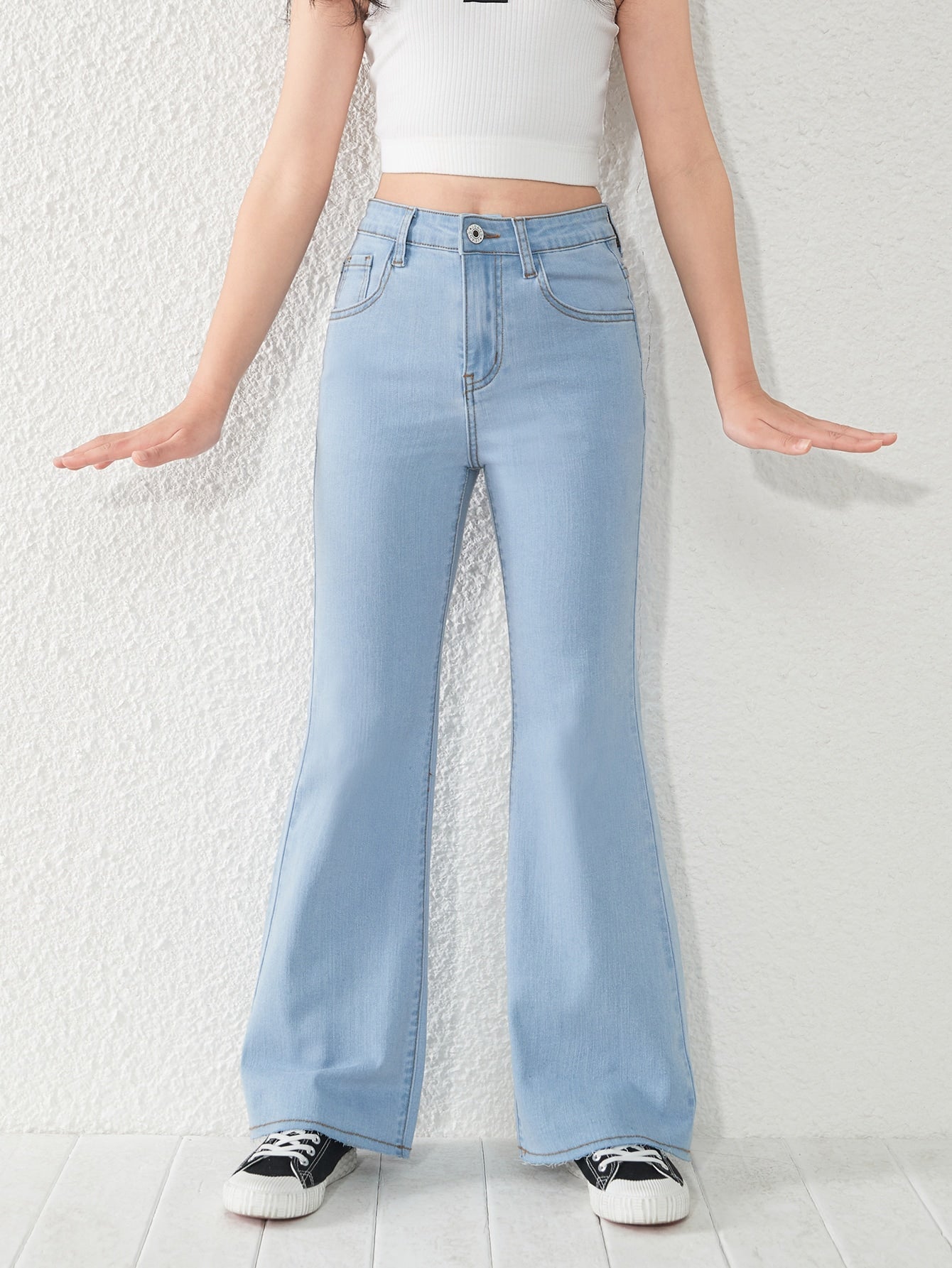 Tween Girl Flare Leg Jeans - Plain Pattern, Zipper Fly, Medium Stretch Denim