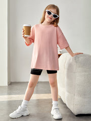 Tween Girl Oversized Casual T-Shirt with Flower & Letter Design - Drop Shoulder, Round Neck