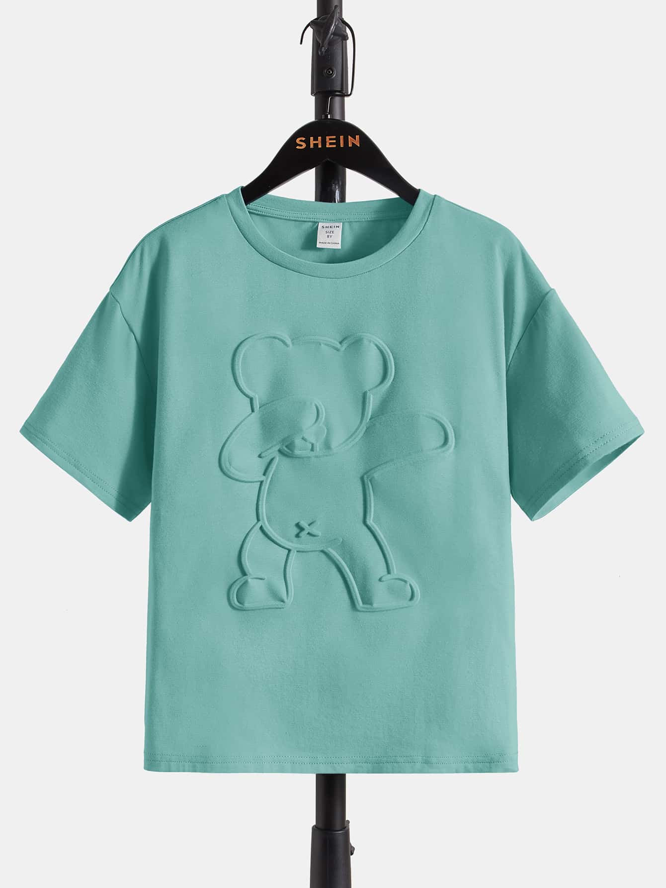 Tween Boys' Casual Bear Embossed T-Shirt, Drop Shoulder, Summer-Ready, Short Sleeve