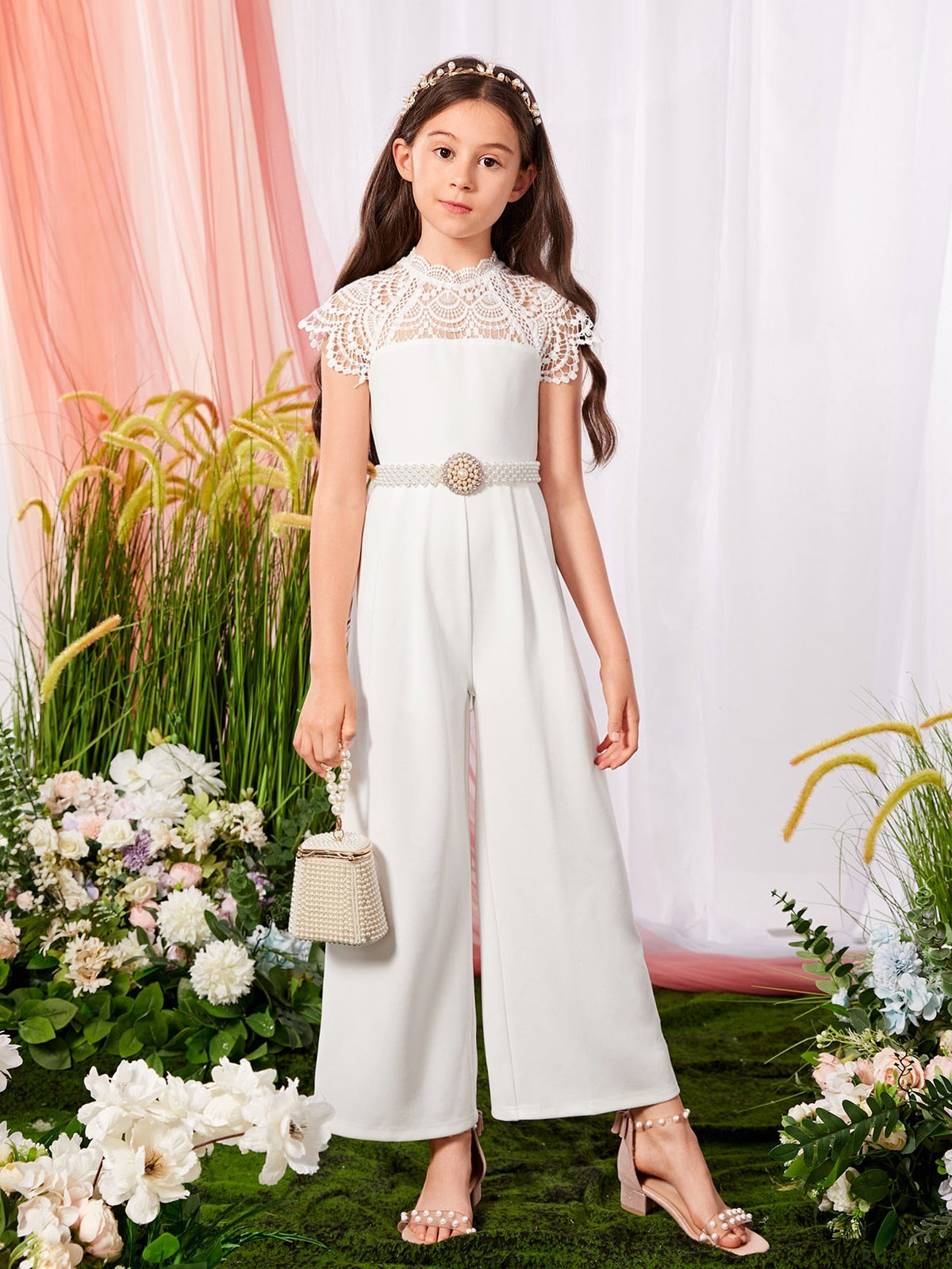 Tween Girl Party Jumpsuit - Contrast Lace Raglan Sleeves, Wide Leg, Stand Collar, Zipper