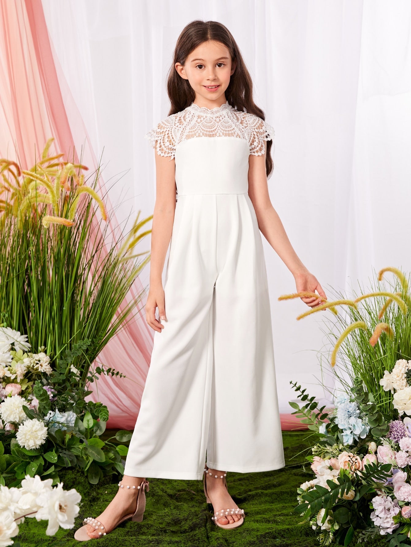 Tween Girl Party Jumpsuit - Contrast Lace Raglan Sleeves, Wide Leg, Stand Collar, Zipper