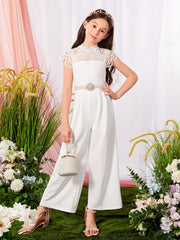 Tween Girl Party Jumpsuit - Contrast Lace Raglan Sleeves, Wide Leg, Stand Collar, Zipper