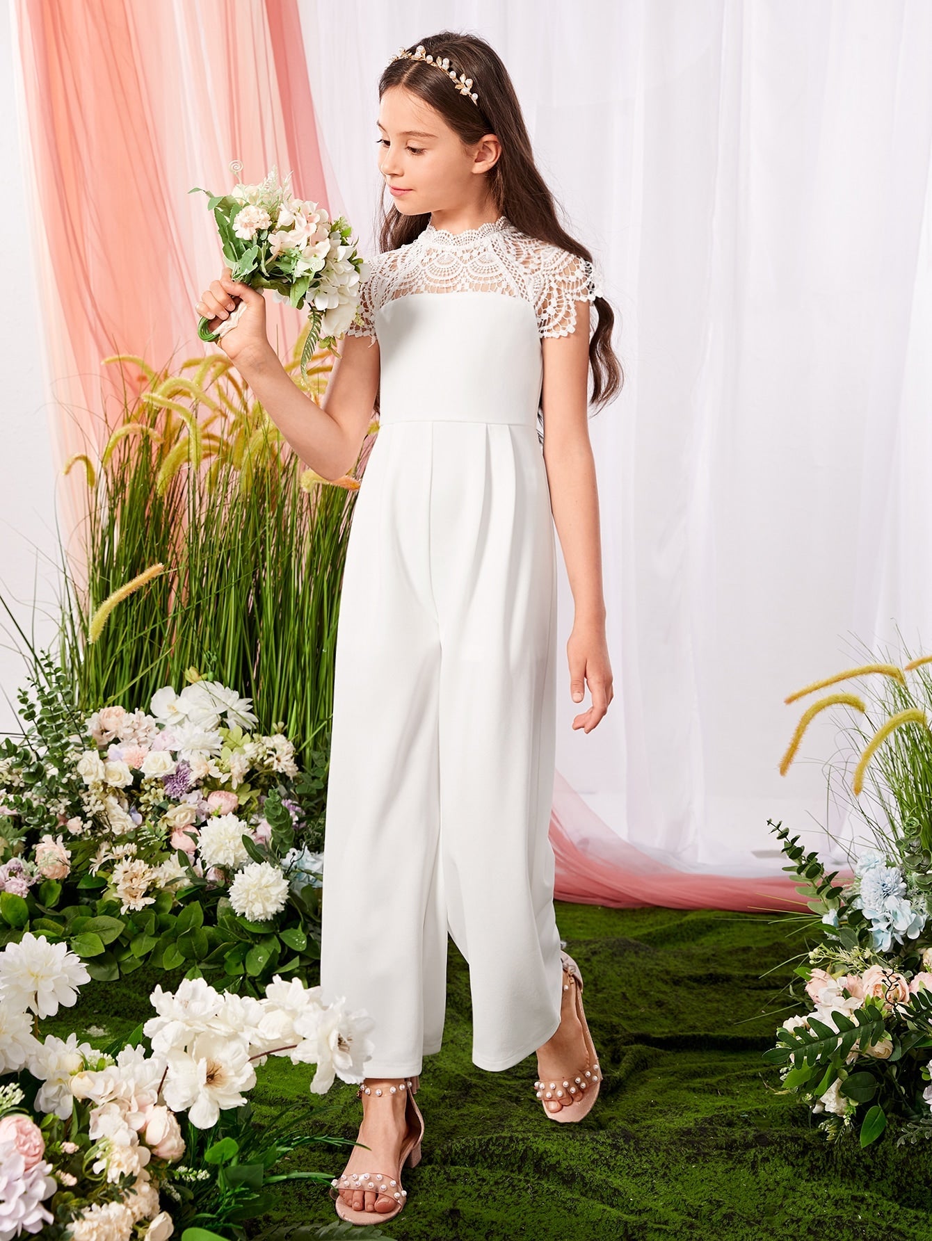 Tween Girl Party Jumpsuit - Contrast Lace Raglan Sleeves, Wide Leg, Stand Collar, Zipper