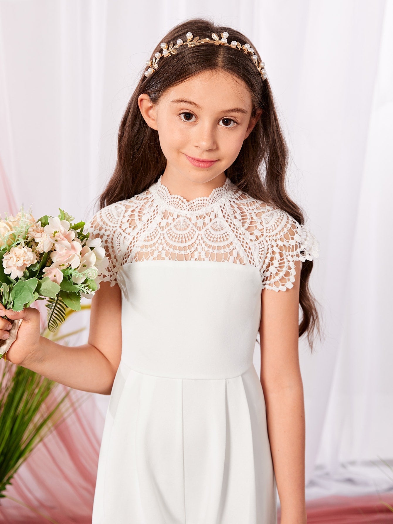 Tween Girl Party Jumpsuit - Contrast Lace Raglan Sleeves, Wide Leg, Stand Collar, Zipper