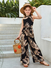 Tween Girl Boho Tropical Print Halter Neck Belted Jumpsuit - High Waist, Wide Leg, Sleeveless