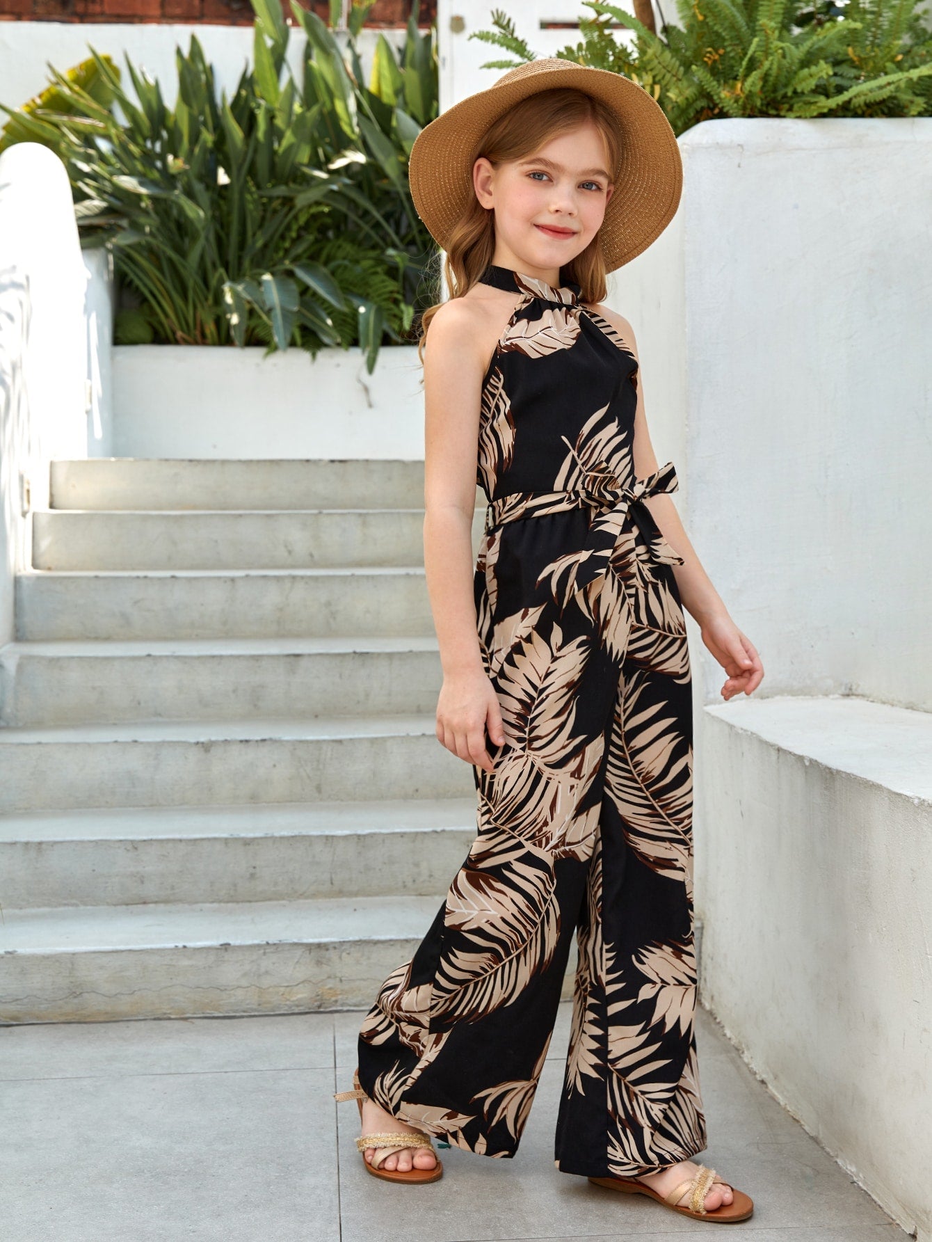 Tween Girl Boho Tropical Print Halter Neck Belted Jumpsuit - High Waist, Wide Leg, Sleeveless