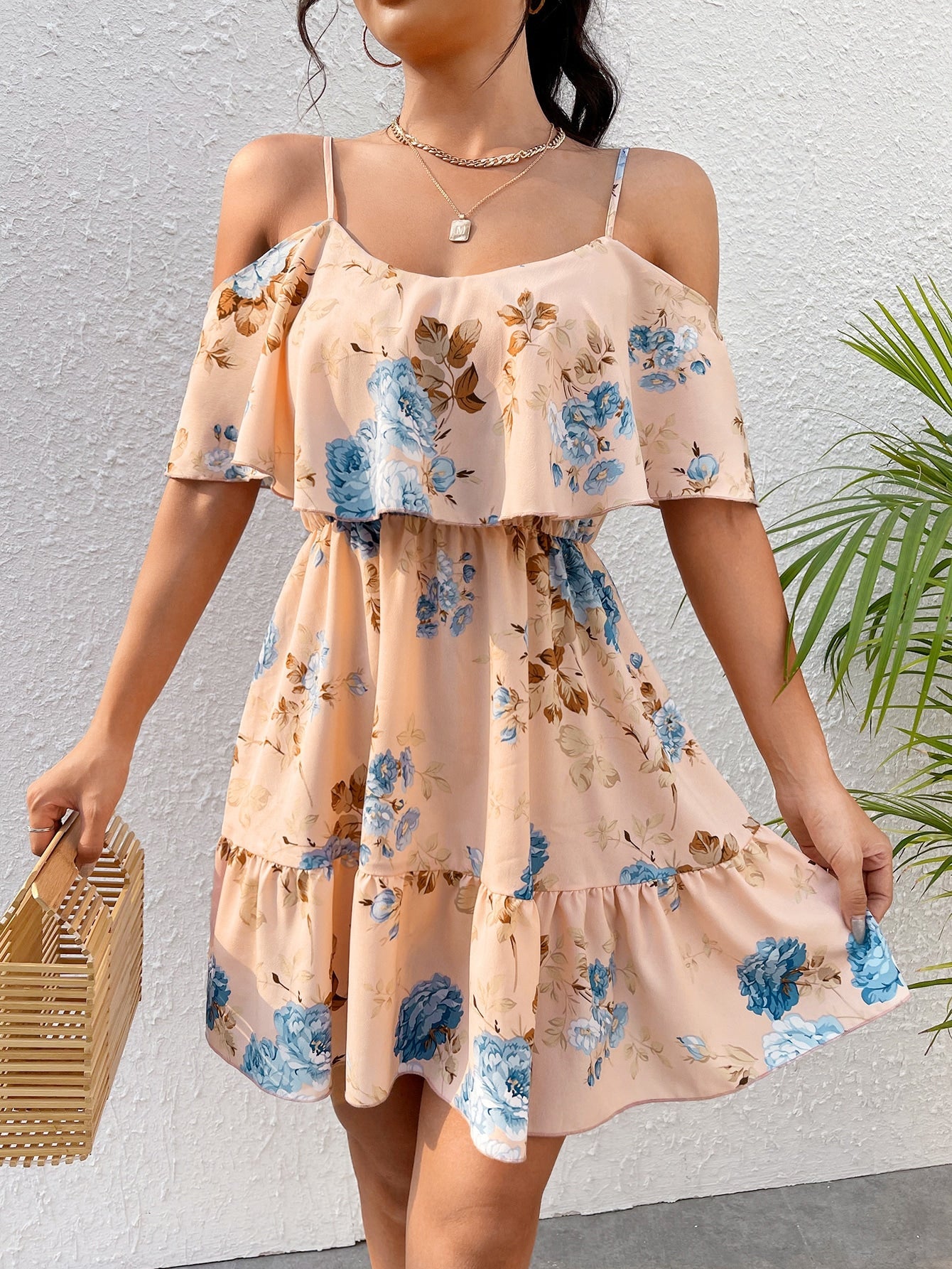 Romantic Flower And Plant Printed Off-The-Shoulder Ruffle Strap Vacation Summer Dress Dresses Graduation