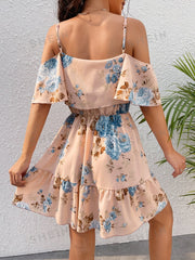 Romantic Flower And Plant Printed Off-The-Shoulder Ruffle Strap Vacation Summer Dress Dresses Graduation