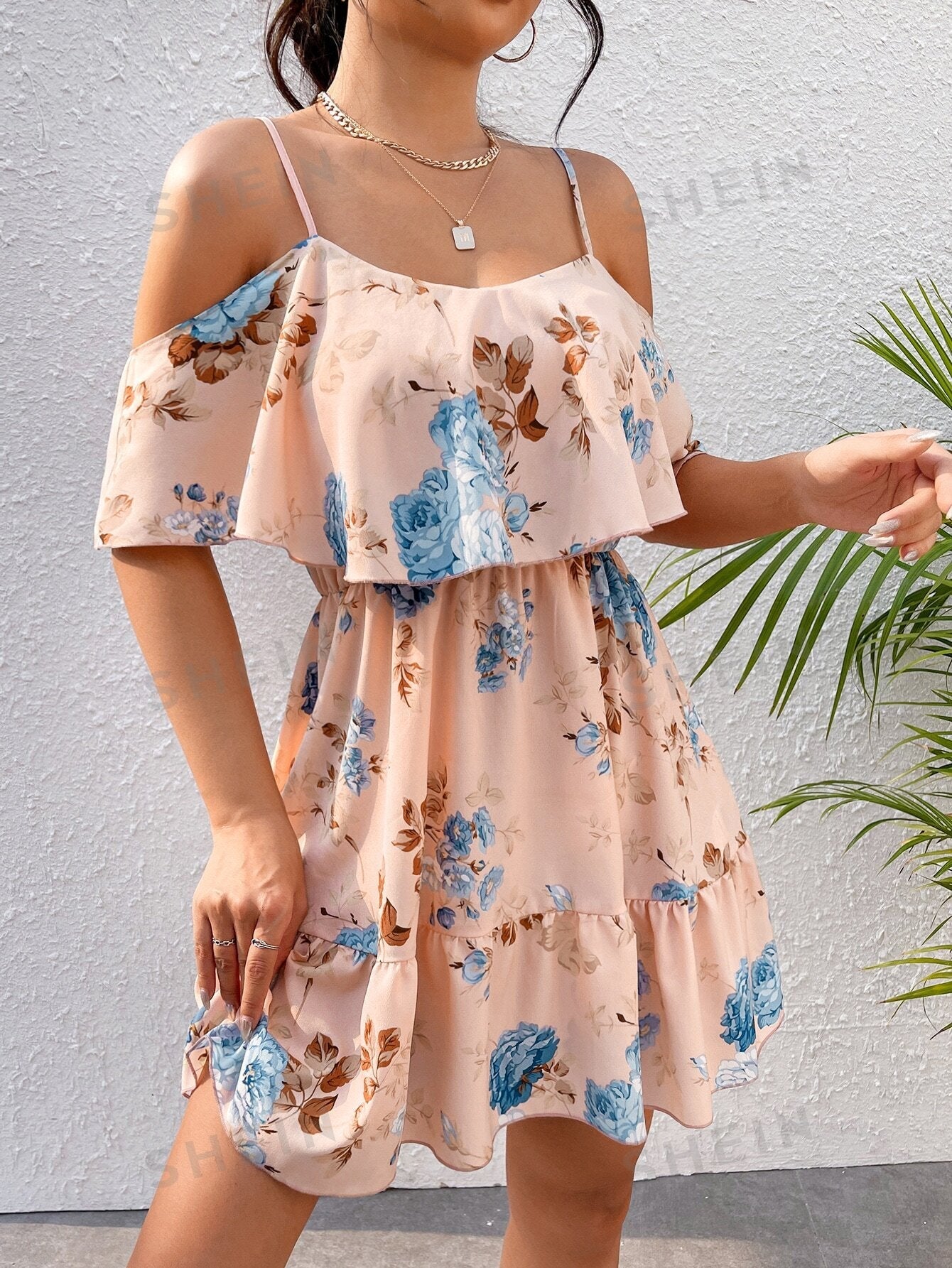 Romantic Flower And Plant Printed Off-The-Shoulder Ruffle Strap Vacation Summer Dress Dresses Graduation