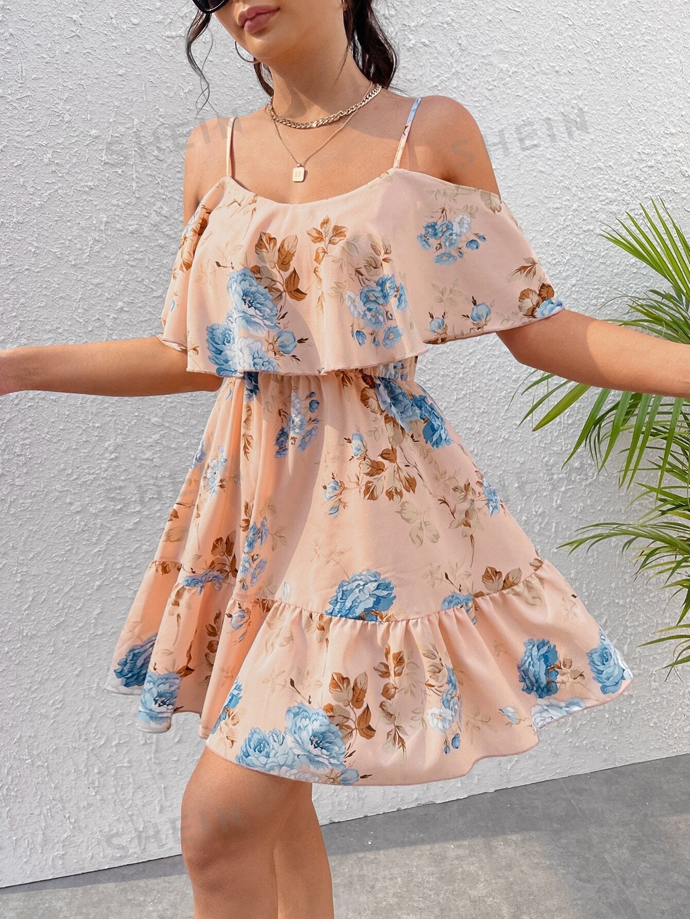 Romantic Flower And Plant Printed Off-The-Shoulder Ruffle Strap Vacation Summer Dress Dresses Graduation