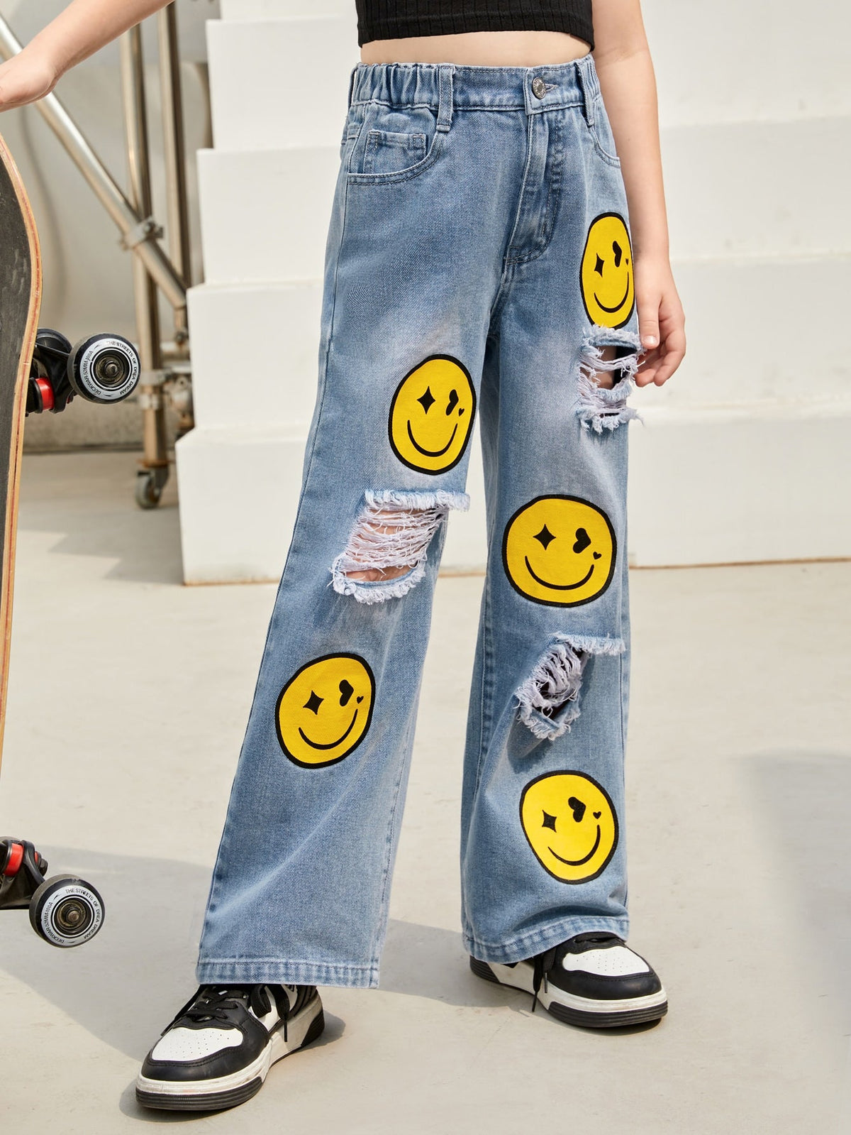 Tween Girl Cartoon Graphic Ripped Wide Leg Jeans - High Waist, Loose Fit, Denim