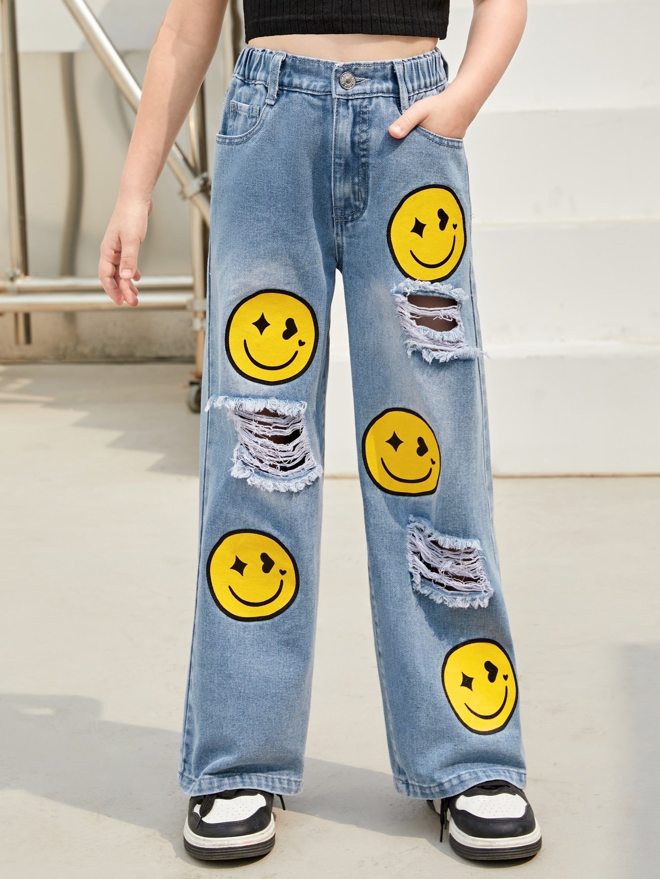 Tween Girl Cartoon Graphic Ripped Wide Leg Jeans - High Waist, Loose Fit, Denim