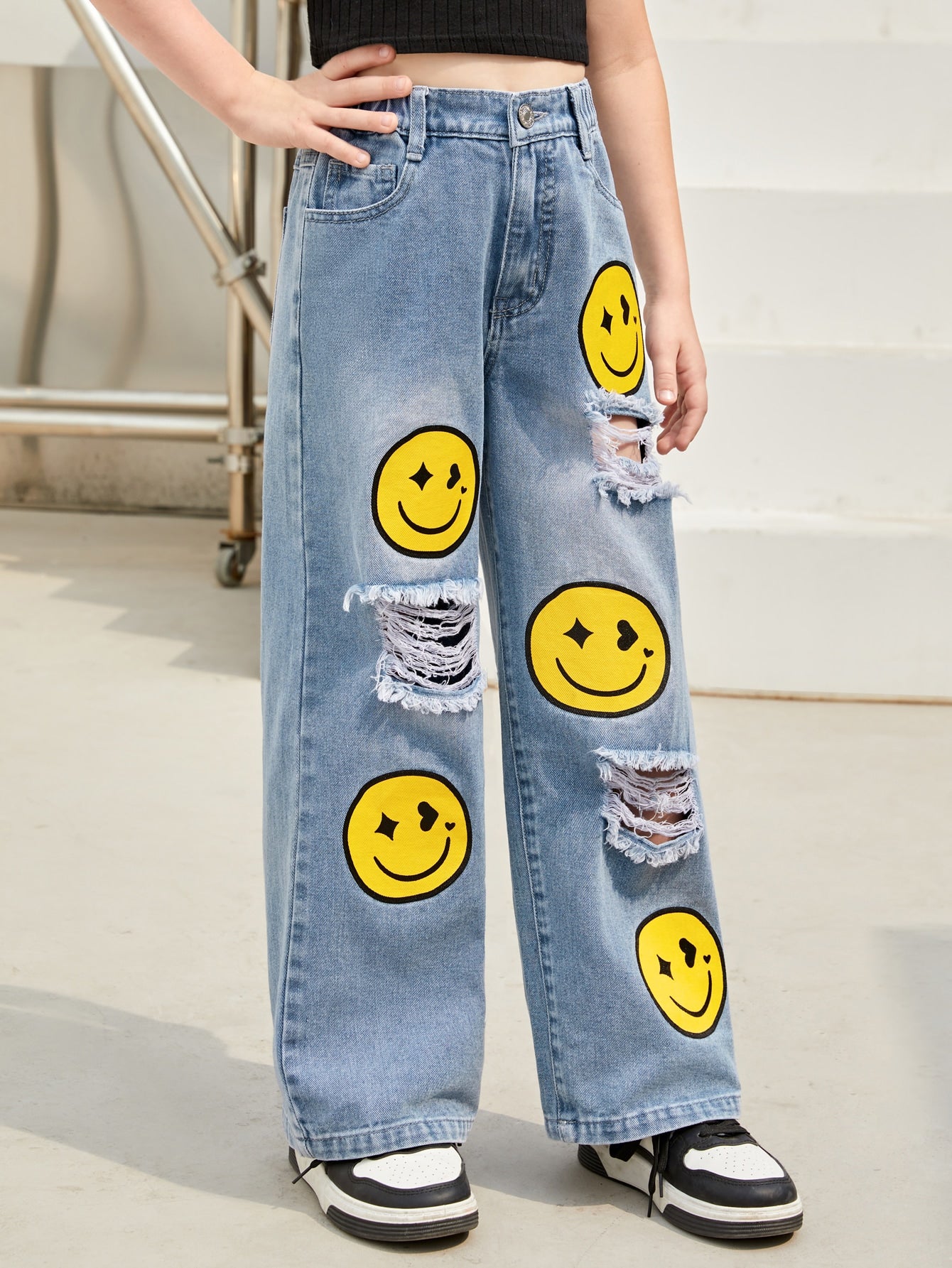 Tween Girl Cartoon Graphic Ripped Wide Leg Jeans - High Waist, Loose Fit, Denim