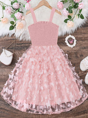 Cute Tween Girl Butterfly Appliques Mesh Cami Dress - Sleeveless, High Waist, Flared Hem