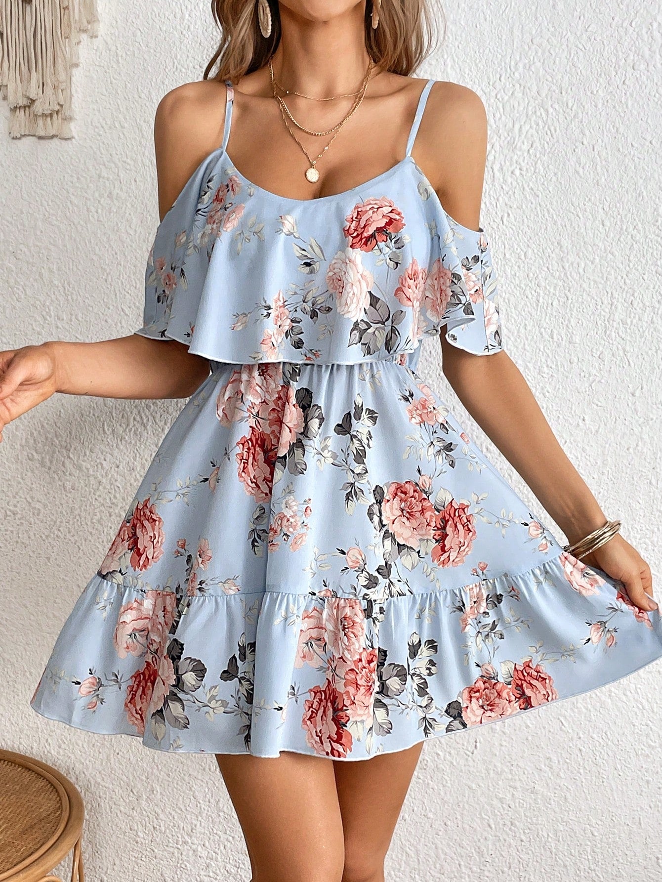 Romantic Flower And Plant Printed Off-The-Shoulder Ruffle Strap Vacation Summer Dress Dresses Graduation