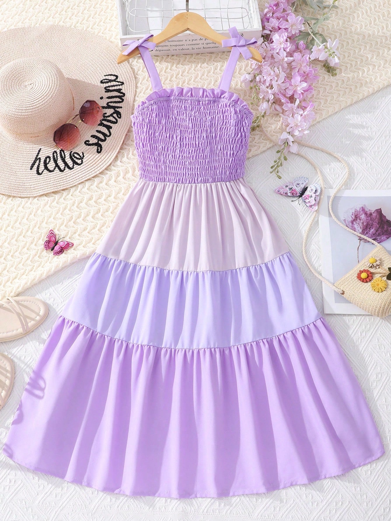 Cute Tween Girl Colorblock Cami Dress - Bow Shoulder, Ruffle Hem, High Waist, Midi Length