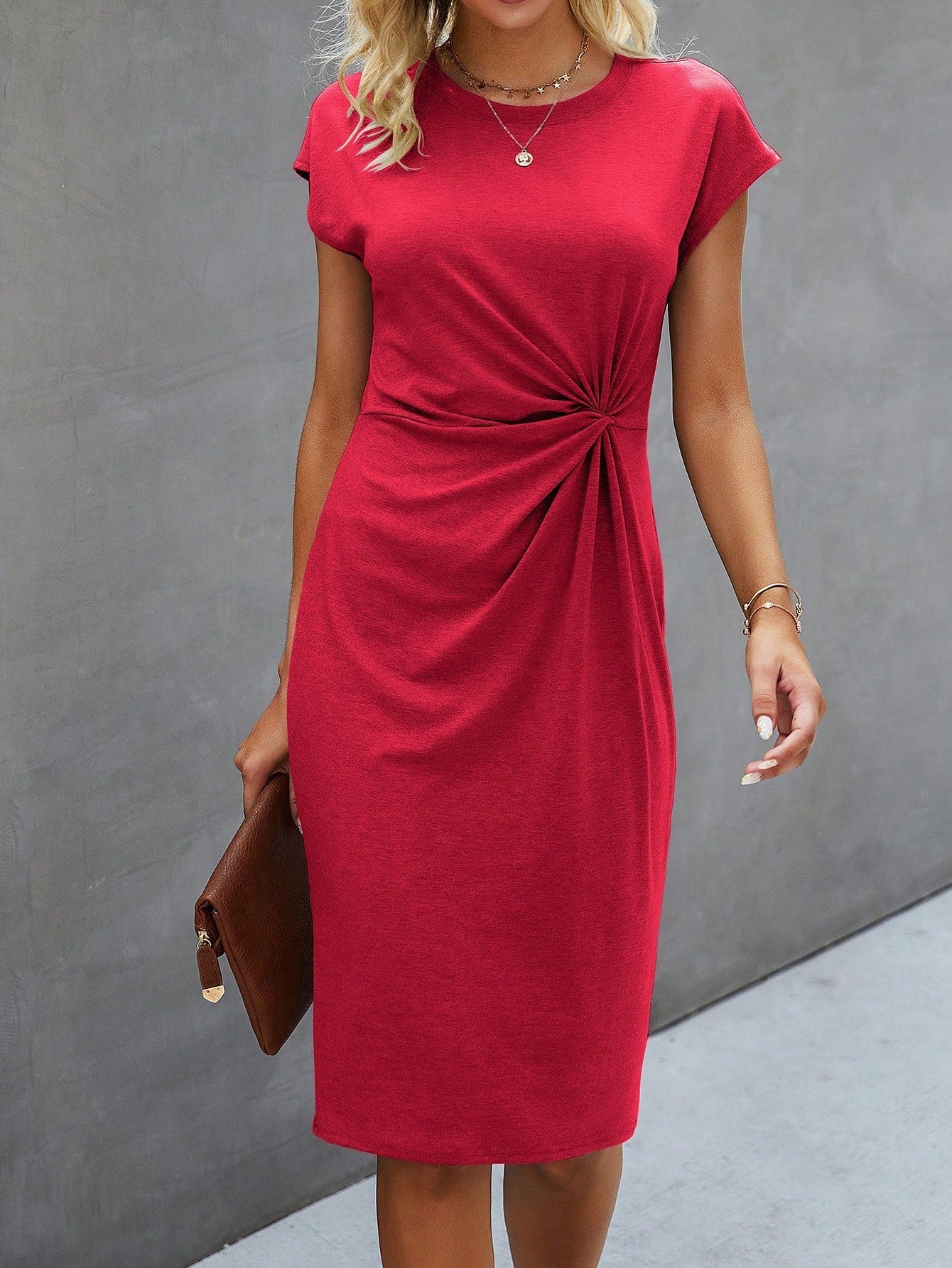 Casual Twist Solid Fitted Dress - High Waist, Knee Length, Batwing Sleeves
