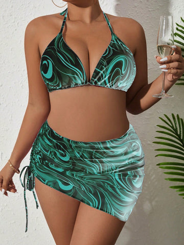 Plus Marble Print Bikini Set Halter Triangle Bra Top & High Waist Bikini Bottom & Drawstring Skirt 3 Piece Swim Suit