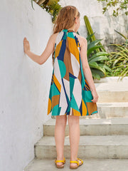 Tween Girls' Geometric Print A-Line Dress - Halter Neck, Off-Shoulder, Summer Casual