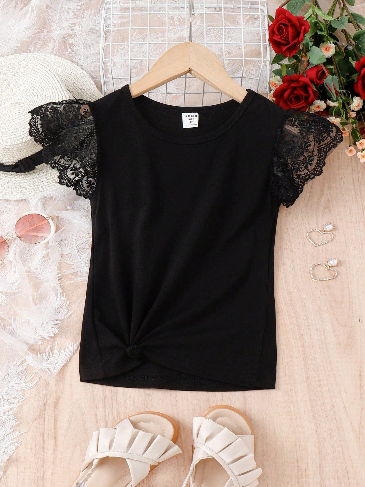 Cute Tween Girl Twist Hem Tee with Contrast Lace and Butterfly Sleeves