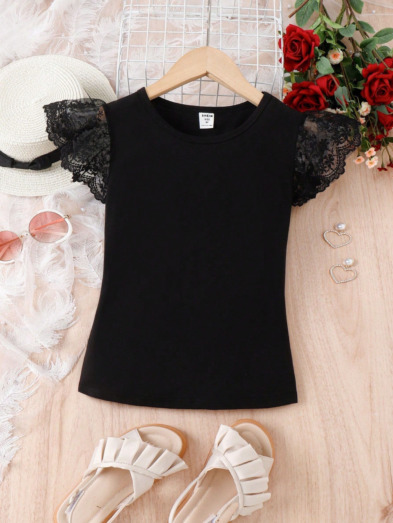 Cute Tween Girl Twist Hem Tee with Contrast Lace and Butterfly Sleeves