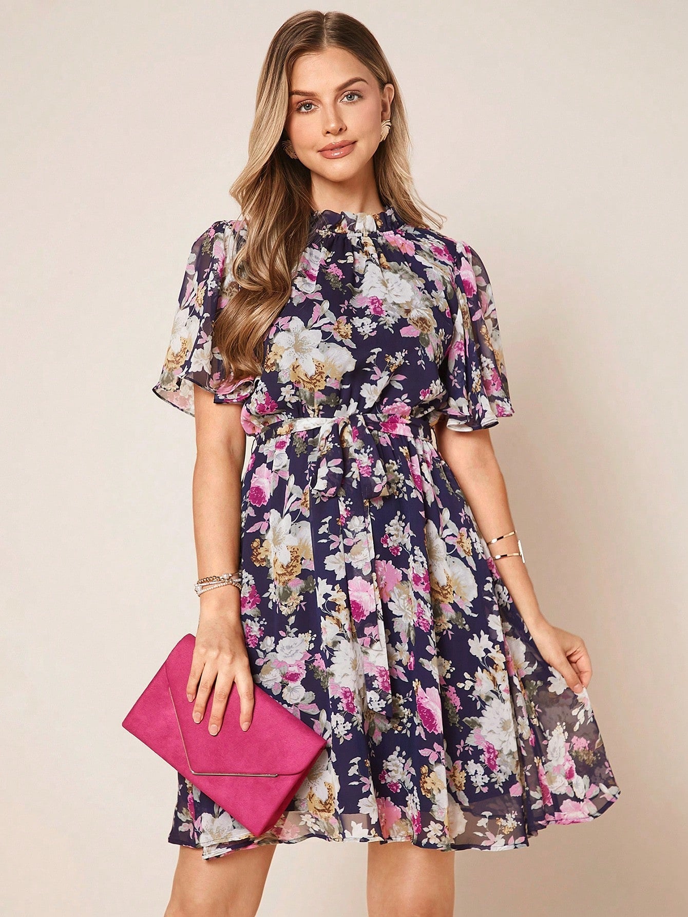 Floral Print Belted Chiffon Dress