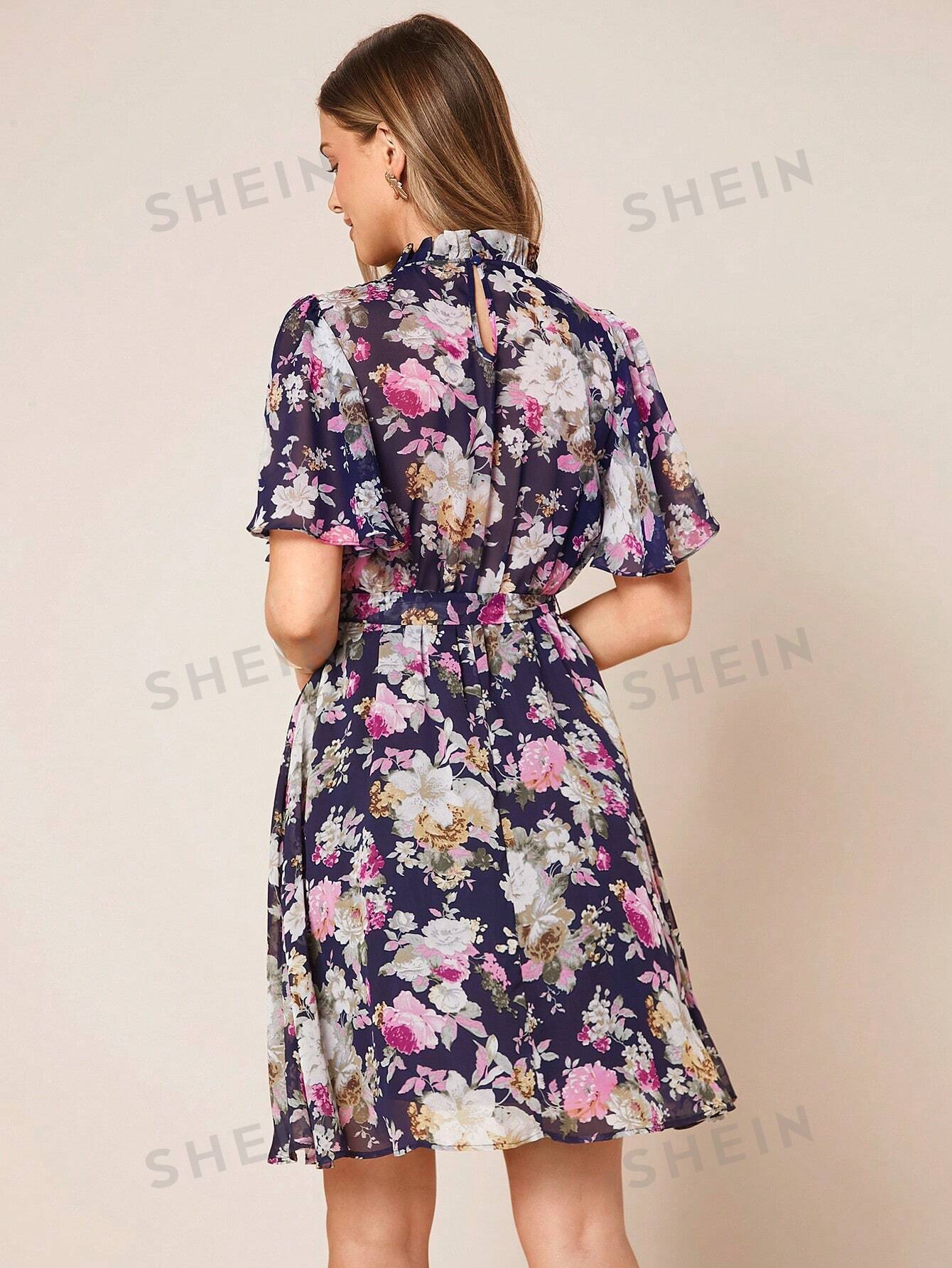 Floral Print Belted Chiffon Dress