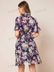 Floral Print Belted Chiffon Dress