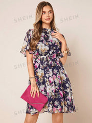 Floral Print Belted Chiffon Dress