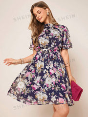 Floral Print Belted Chiffon Dress